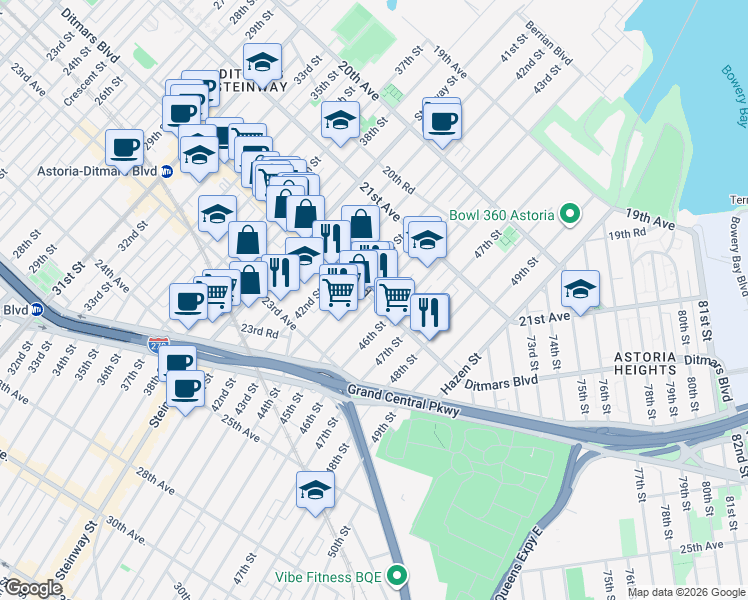map of restaurants, bars, coffee shops, grocery stores, and more near Ditmars Blvd & 45th St in Queens