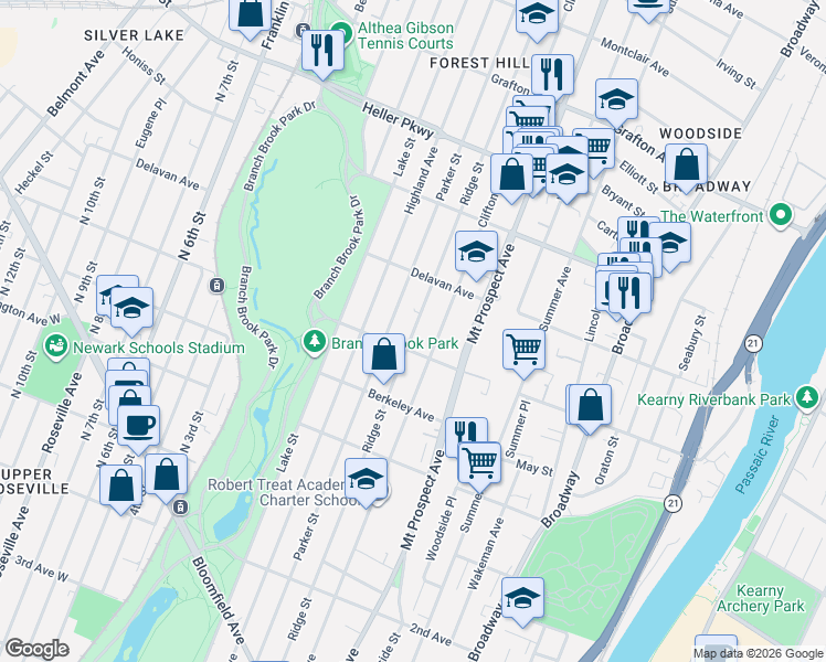 map of restaurants, bars, coffee shops, grocery stores, and more near 530 Ridge Street in Newark