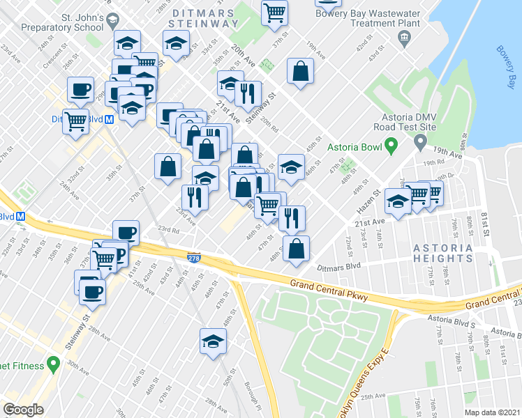 map of restaurants, bars, coffee shops, grocery stores, and more near 21-49 45th Street in Queens