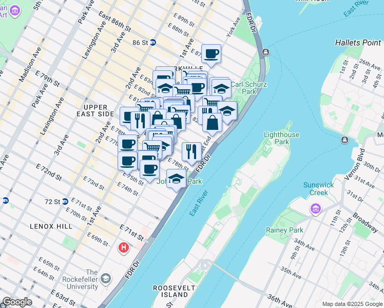 map of restaurants, bars, coffee shops, grocery stores, and more near 547 East 79th Street in New York