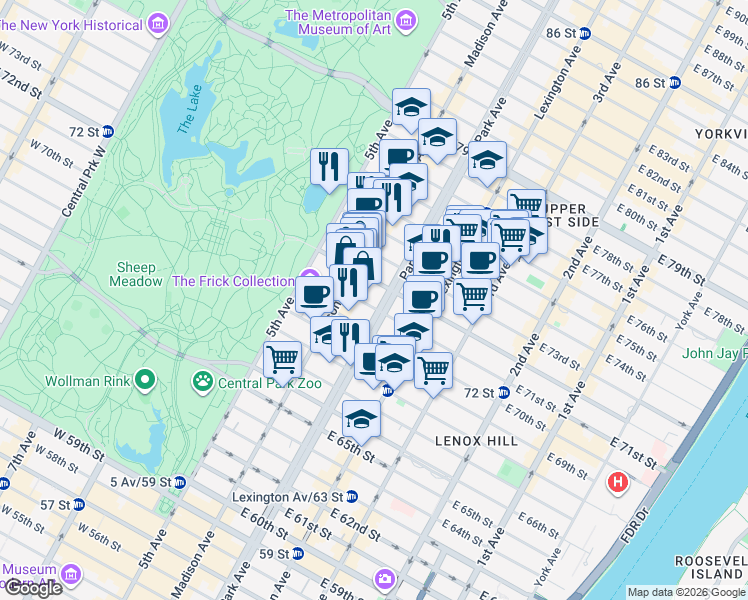 map of restaurants, bars, coffee shops, grocery stores, and more near in New York