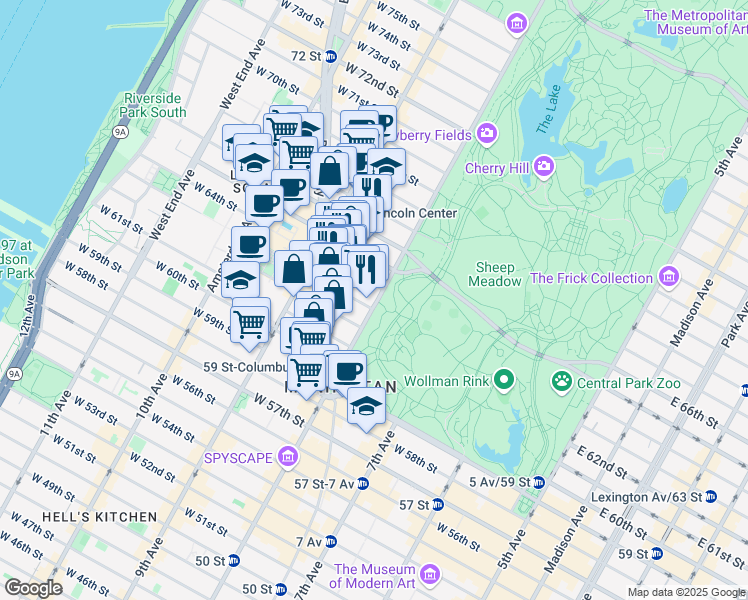 map of restaurants, bars, coffee shops, grocery stores, and more near 33 Central Park West in New York
