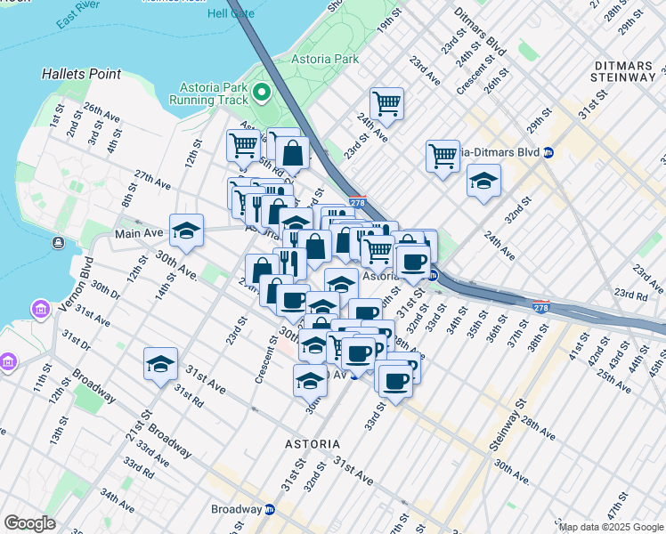 map of restaurants, bars, coffee shops, grocery stores, and more near in Queens