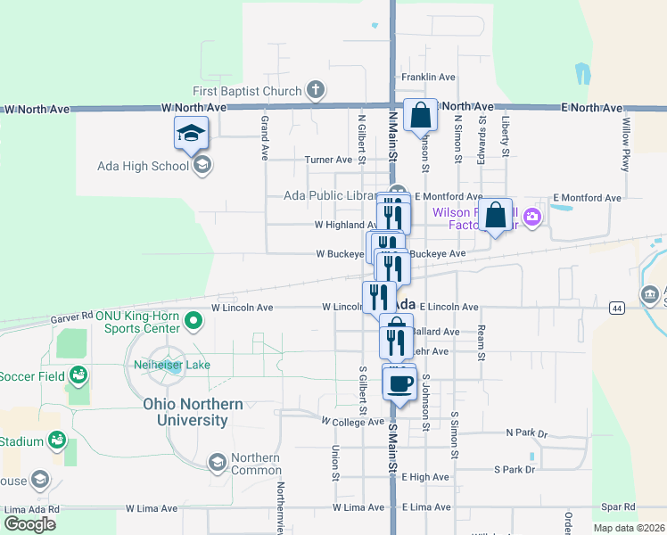 map of restaurants, bars, coffee shops, grocery stores, and more near 322 West Buckeye Avenue in Ada