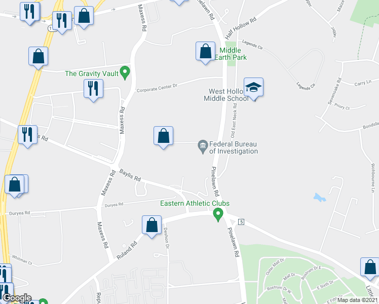 map of restaurants, bars, coffee shops, grocery stores, and more near 145 Pinelawn Road in Melville