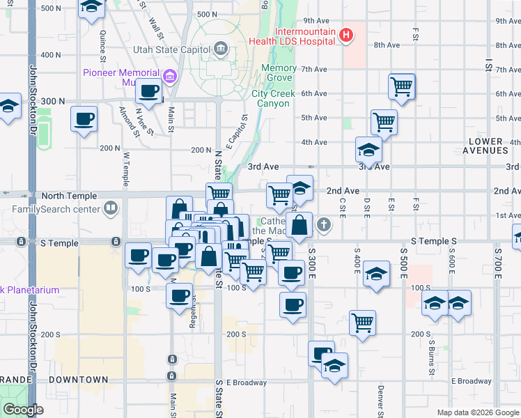 map of restaurants, bars, coffee shops, grocery stores, and more near 146 2nd Avenue in Salt Lake City