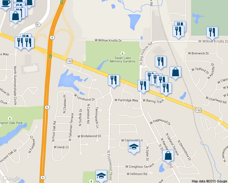 map of restaurants, bars, coffee shops, grocery stores, and more near 6750 North Frostwood Parkway in Peoria