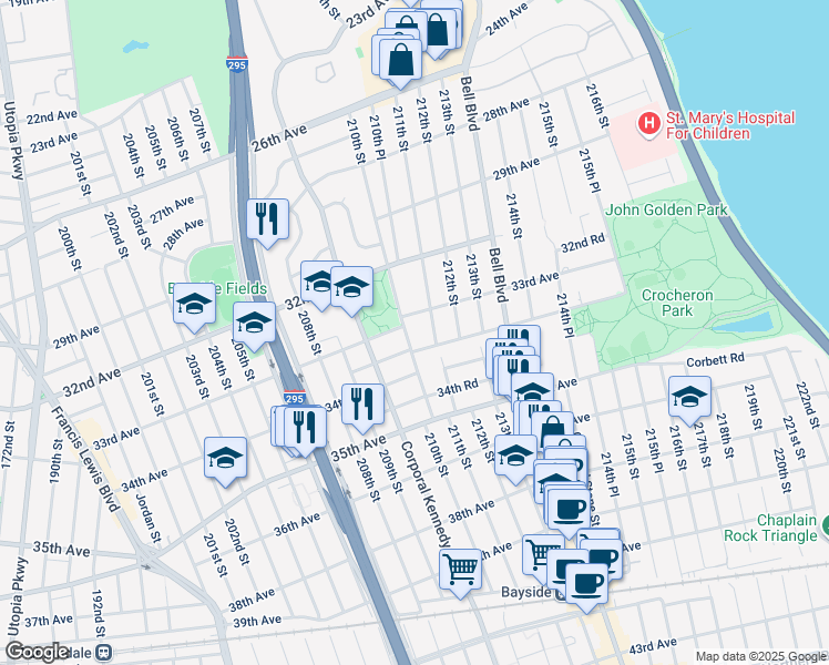 map of restaurants, bars, coffee shops, grocery stores, and more near 210-25 33rd Avenue in Queens