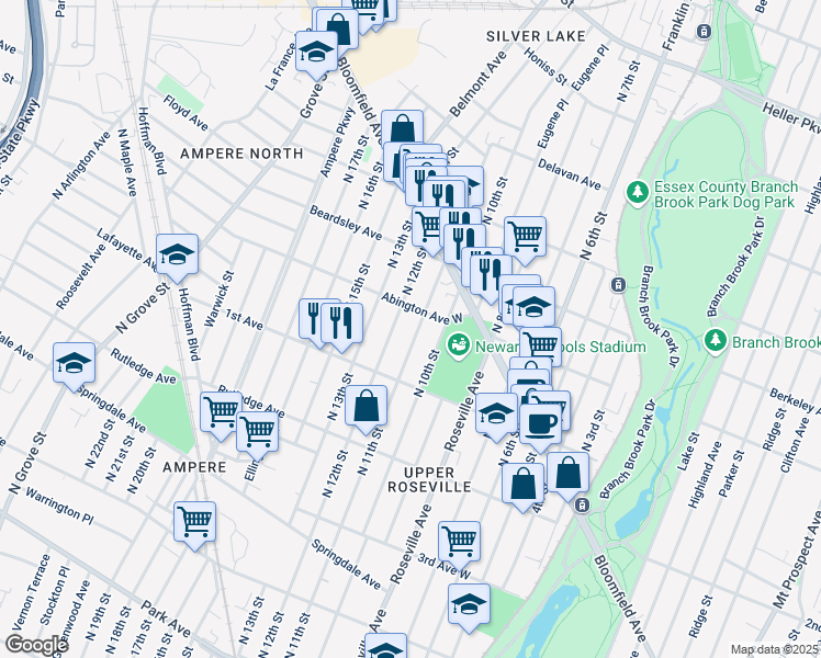 map of restaurants, bars, coffee shops, grocery stores, and more near 432 North 12th Street in Newark