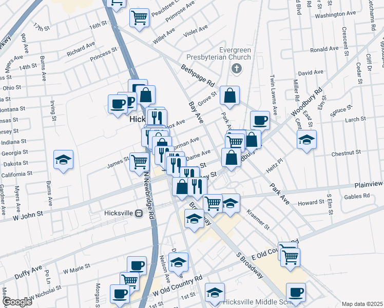 map of restaurants, bars, coffee shops, grocery stores, and more near 60 Notre Dame Avenue in Hicksville