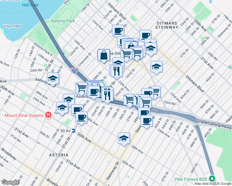map of restaurants, bars, coffee shops, grocery stores, and more near 24-38 33rd Street in Queens