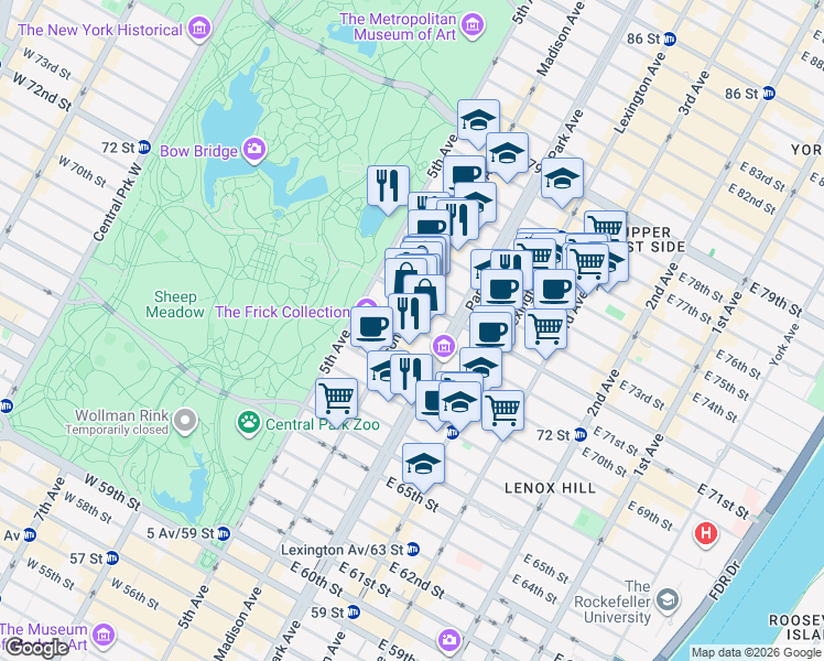 map of restaurants, bars, coffee shops, grocery stores, and more near in New York