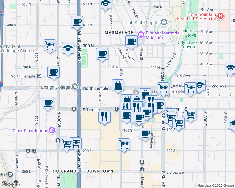 map of restaurants, bars, coffee shops, grocery stores, and more near 45 North West Temple in Salt Lake City