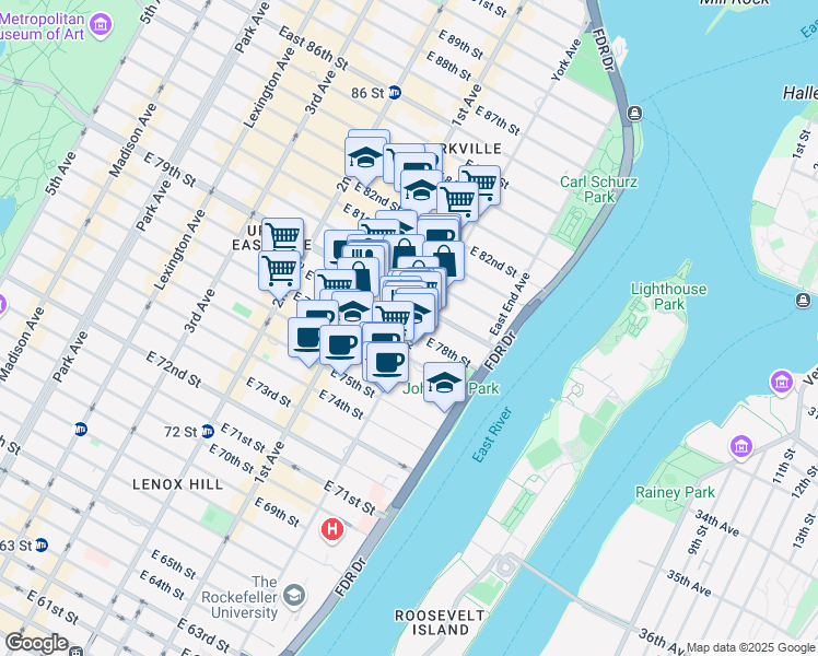 map of restaurants, bars, coffee shops, grocery stores, and more near 1475 York Avenue in New York