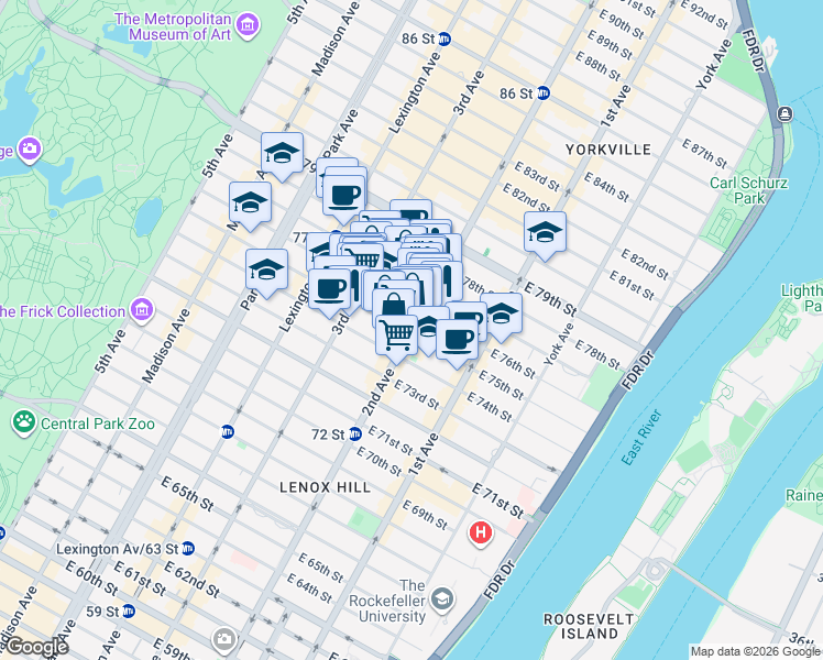 map of restaurants, bars, coffee shops, grocery stores, and more near 301 East 75th Street in New York