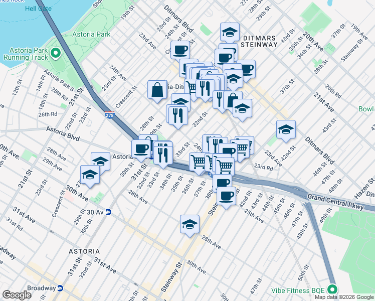 map of restaurants, bars, coffee shops, grocery stores, and more near 33-3 24th Avenue in Queens