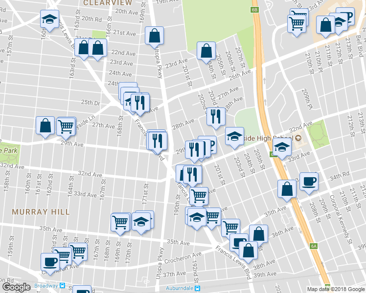 map of restaurants, bars, coffee shops, grocery stores, and more near 198-31 29th Avenue in Queens