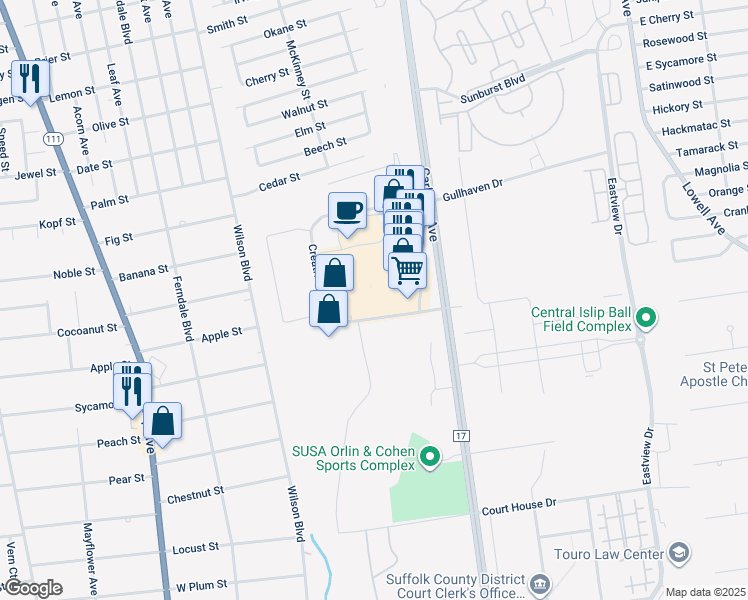 map of restaurants, bars, coffee shops, grocery stores, and more near in Central Islip