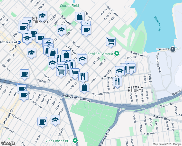 map of restaurants, bars, coffee shops, grocery stores, and more near 21-14 48th Street in Queens
