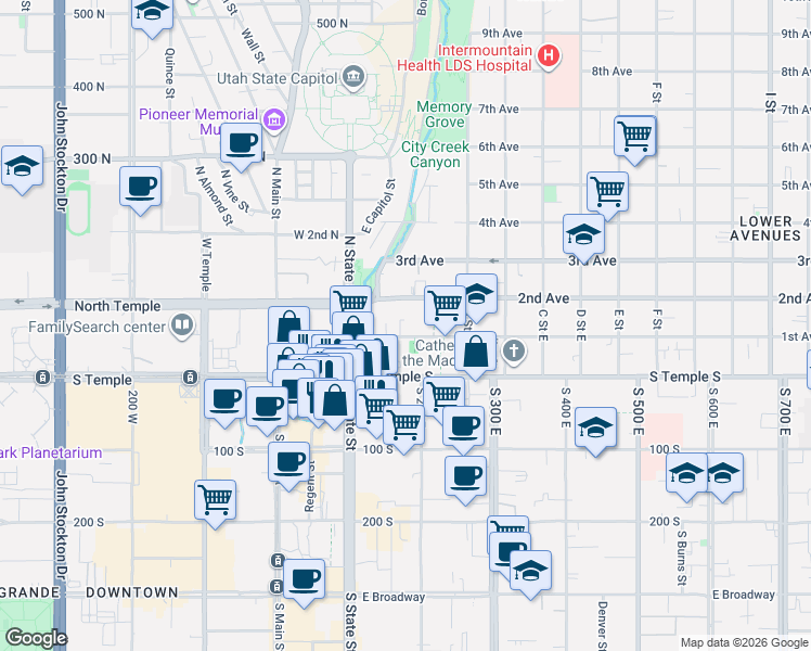 map of restaurants, bars, coffee shops, grocery stores, and more near 131 East 1st Avenue in Salt Lake City