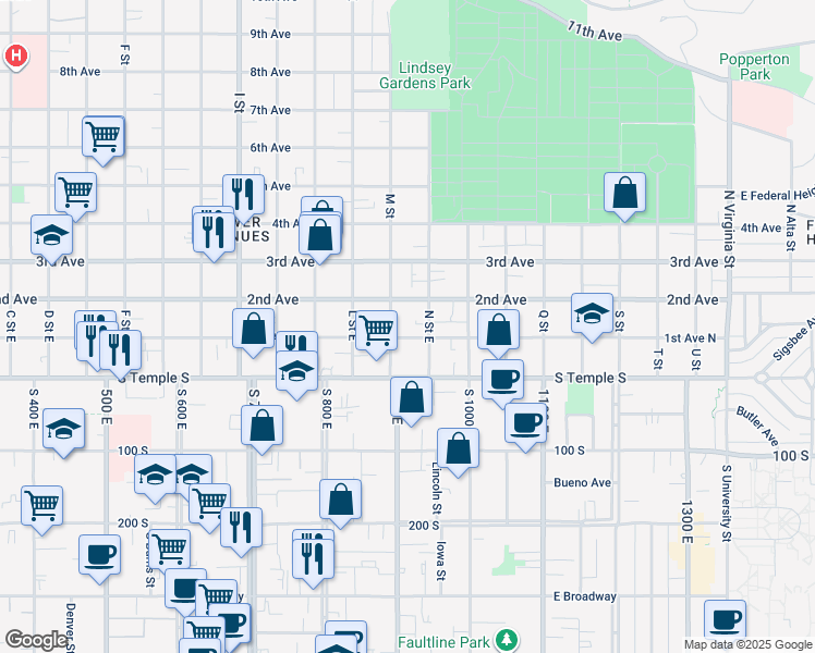 map of restaurants, bars, coffee shops, grocery stores, and more near 90 M Street in Salt Lake City