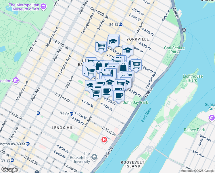 map of restaurants, bars, coffee shops, grocery stores, and more near 400 East 77th Street in New York