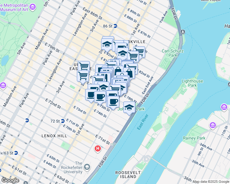 map of restaurants, bars, coffee shops, grocery stores, and more near 442 East 78th Street in New York