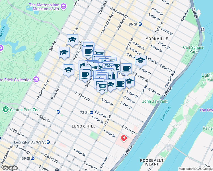 map of restaurants, bars, coffee shops, grocery stores, and more near 303 East 75th Street in New York
