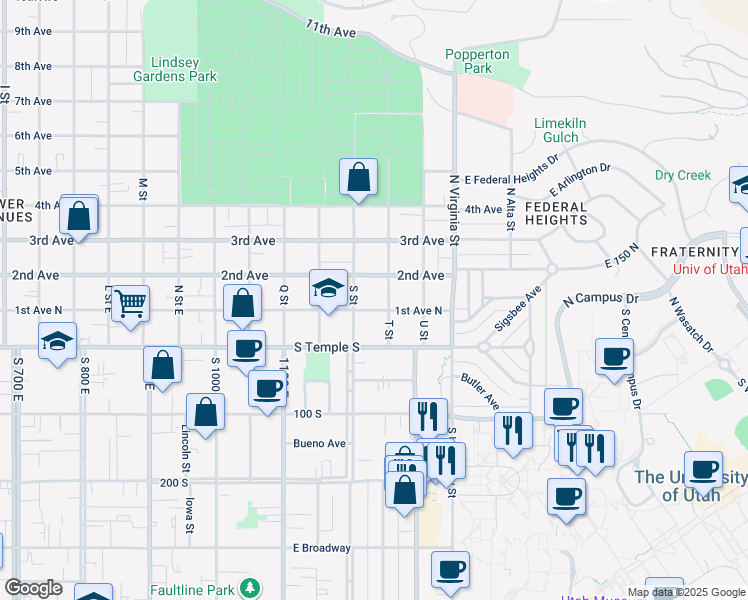 map of restaurants, bars, coffee shops, grocery stores, and more near 1158 2nd Avenue in Salt Lake City