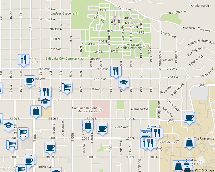 map of restaurants, bars, coffee shops, grocery stores, and more near 82 Q Street in Salt Lake City