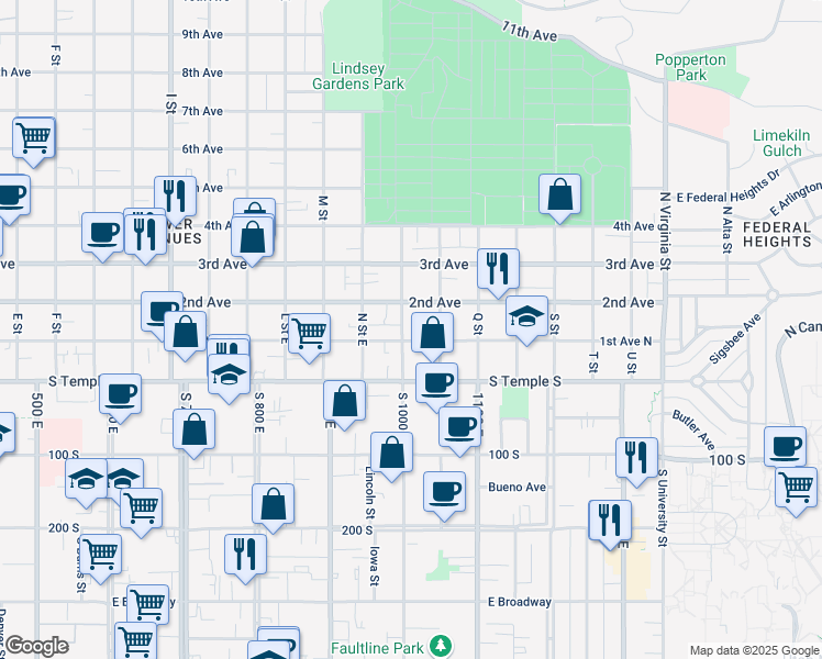 map of restaurants, bars, coffee shops, grocery stores, and more near 904 2nd Avenue in Salt Lake City
