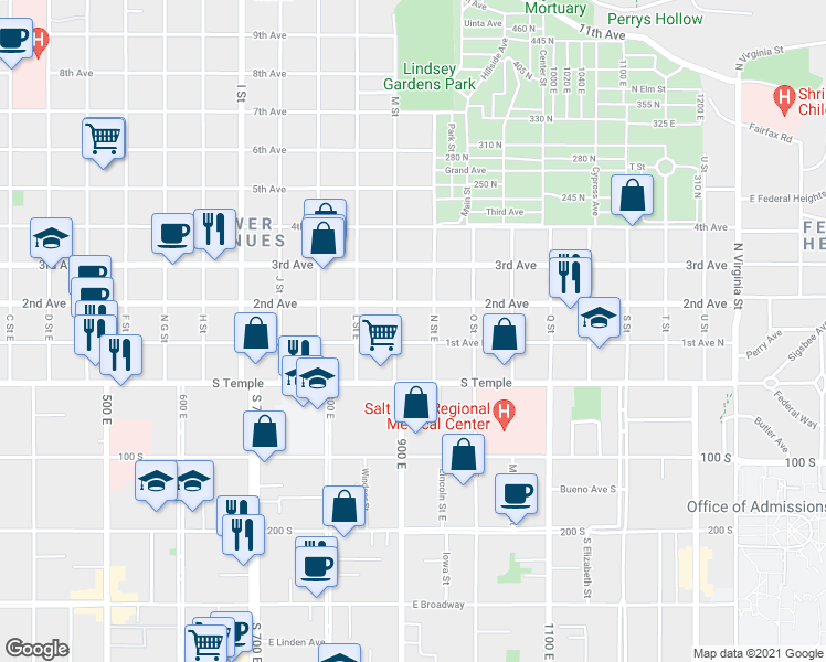 map of restaurants, bars, coffee shops, grocery stores, and more near 90 M Street in Salt Lake City