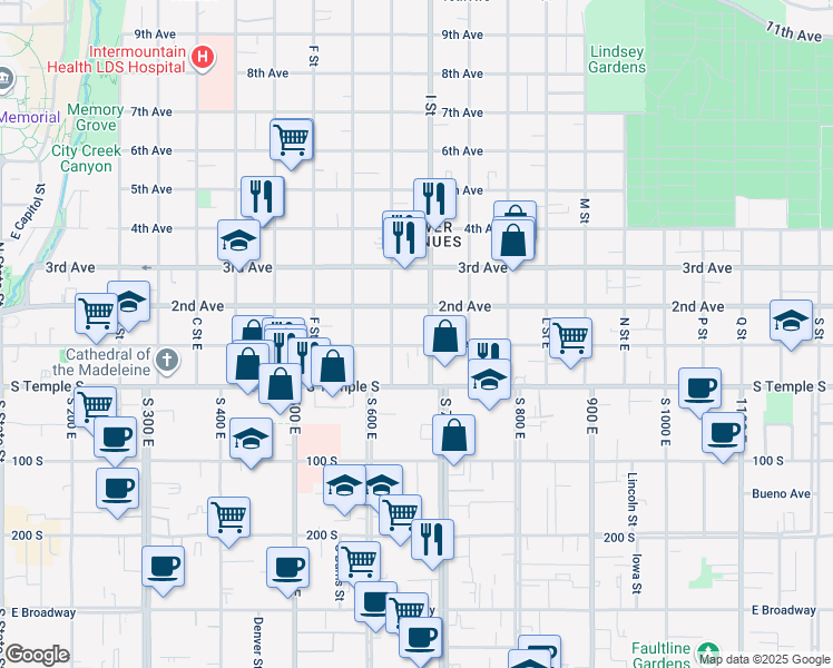 map of restaurants, bars, coffee shops, grocery stores, and more near 604 2nd Avenue in Salt Lake City