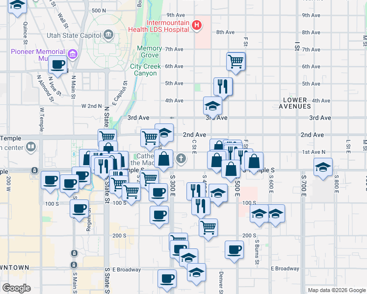 map of restaurants, bars, coffee shops, grocery stores, and more near in Salt Lake City