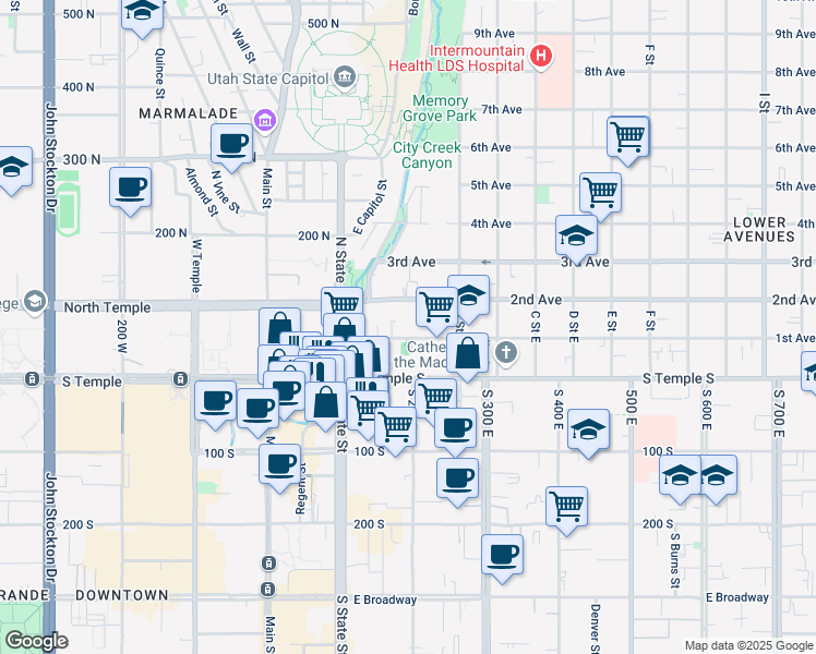 map of restaurants, bars, coffee shops, grocery stores, and more near 146 2nd Avenue in Salt Lake City
