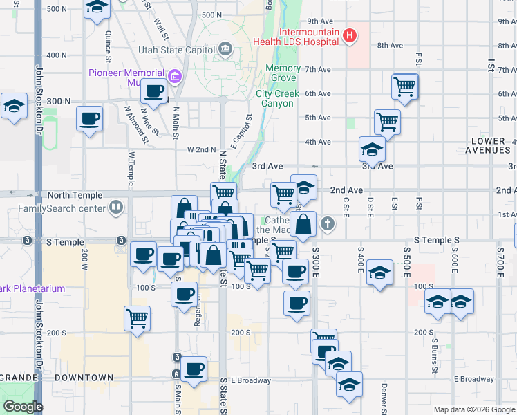 map of restaurants, bars, coffee shops, grocery stores, and more near 124 2nd Avenue in Salt Lake City