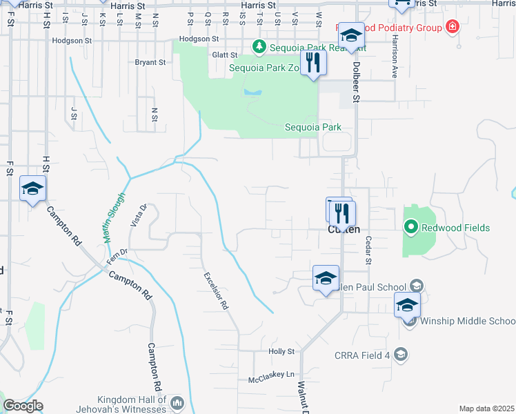 map of restaurants, bars, coffee shops, grocery stores, and more near 3911 T Street in Eureka