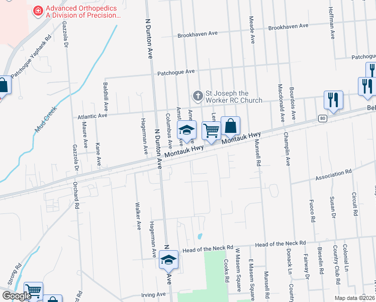 map of restaurants, bars, coffee shops, grocery stores, and more near 1343 Montauk Highway in East Patchogue