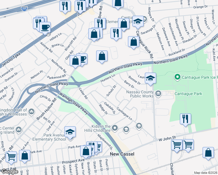 map of restaurants, bars, coffee shops, grocery stores, and more near 6 Maxwell Drive in Westbury