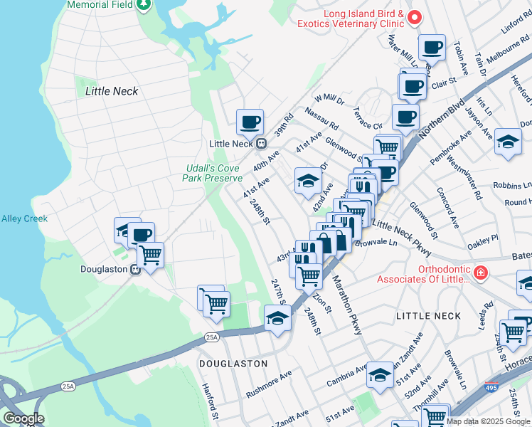 map of restaurants, bars, coffee shops, grocery stores, and more near 41-22 249th Street in Queens