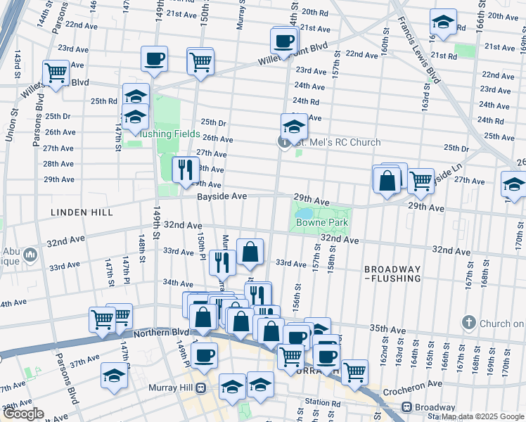 map of restaurants, bars, coffee shops, grocery stores, and more near 153-16 Bayside Avenue in Queens