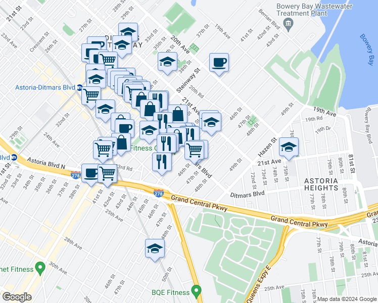 map of restaurants, bars, coffee shops, grocery stores, and more near 43-01 Ditmars Boulevard in Queens