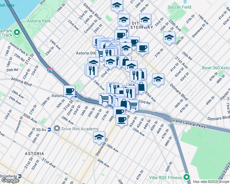 map of restaurants, bars, coffee shops, grocery stores, and more near 23-67 35th Street in Queens