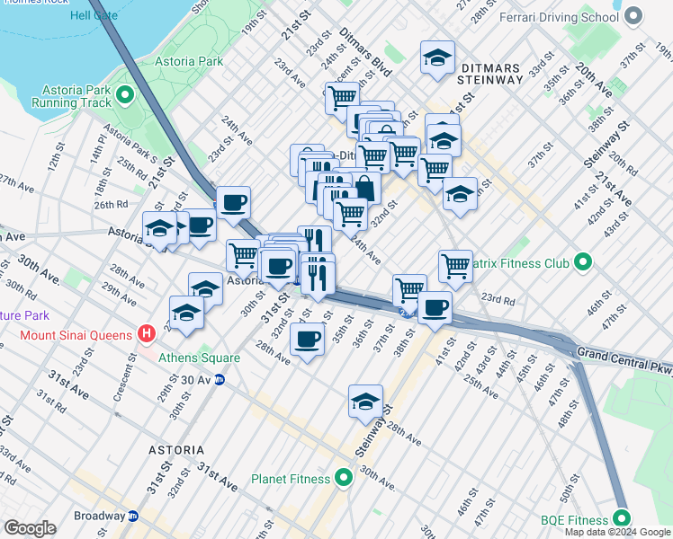 map of restaurants, bars, coffee shops, grocery stores, and more near 24-20 32nd Street in Queens