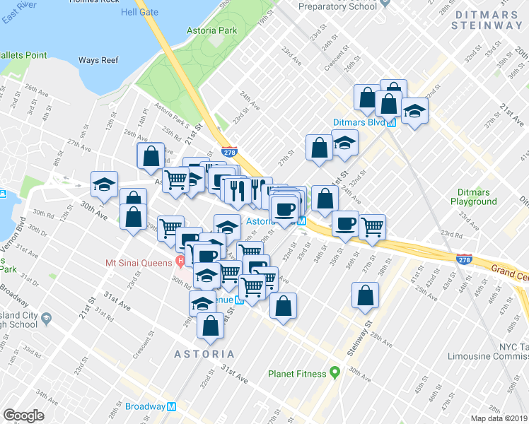 map of restaurants, bars, coffee shops, grocery stores, and more near 27-14 Hoyt Avenue South in Queens