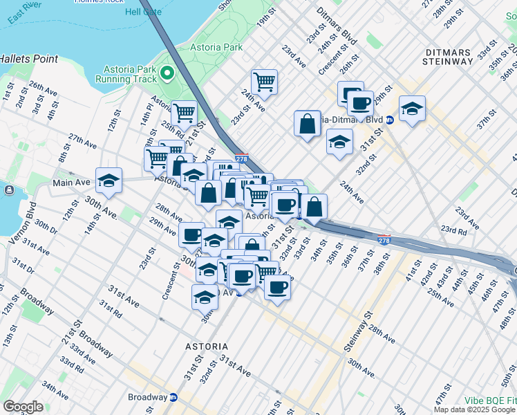 map of restaurants, bars, coffee shops, grocery stores, and more near 27-14 Hoyt Avenue South in Queens