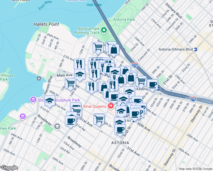 map of restaurants, bars, coffee shops, grocery stores, and more near in Queens