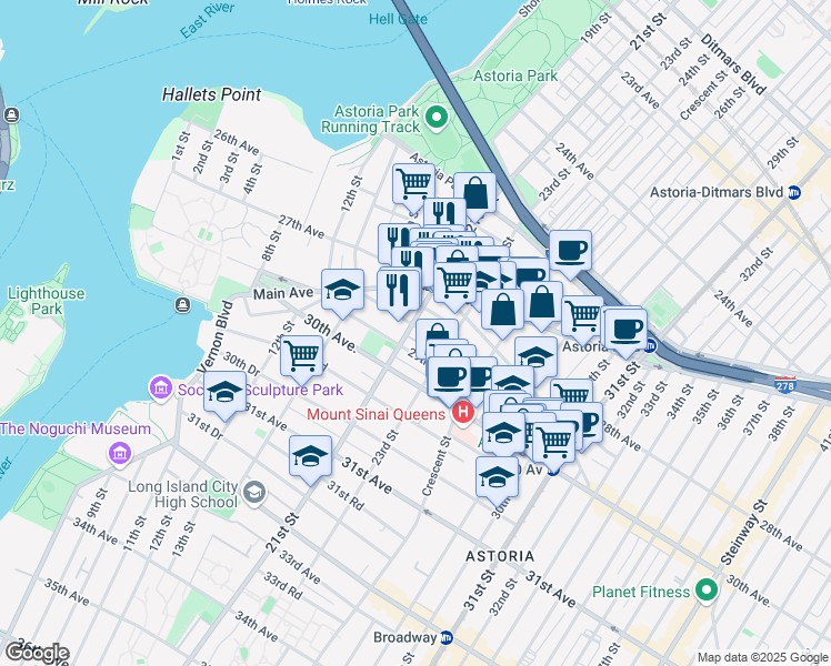 map of restaurants, bars, coffee shops, grocery stores, and more near 27-24 23rd Street in Queens