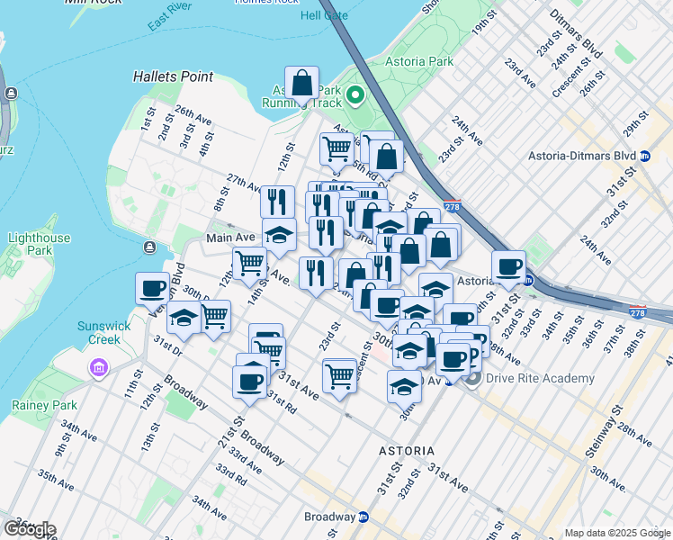 map of restaurants, bars, coffee shops, grocery stores, and more near 24-43 28th Street in Queens