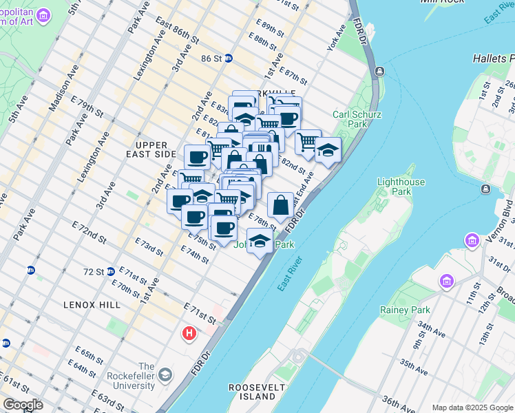 map of restaurants, bars, coffee shops, grocery stores, and more near 503 East 79th Street in New York